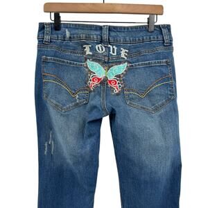 Y2K Vintage Younique Embroidered LOVE Butterfly Studded Low Rise Bootcut Jeans